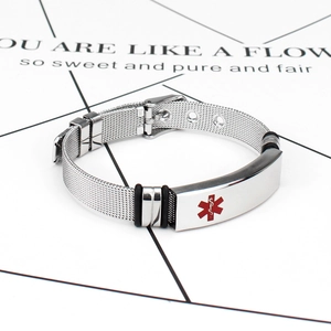 Titanium steel medical alert bracelet with red symbol and silver mesh band for men