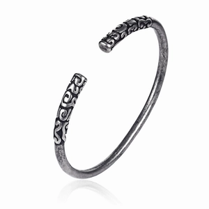 Retro Monkey King golden cudgel open bangle in silver stainless steel with cloud patterns