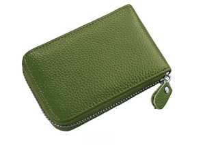 Side view of moss green leather card wallet with pebbled texture and silver zipper