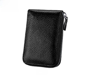Front view of black pebble grain leather multi-functional zipper card holder wallet