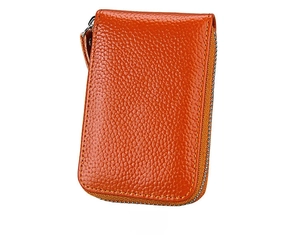Back view of orange genuine leather zipper wallet with pebble grain texture