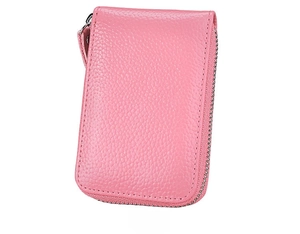 Rear view of pink lychee leather zip pouch showing detailed texture and metal ring
