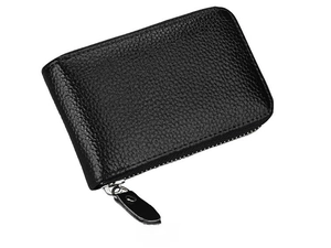 Detailed side view of black leather wallet showing premium litchi grain and silver zipper