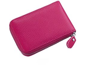 Side view of rose red lychee leather card holder showing zipper and metallic hardware