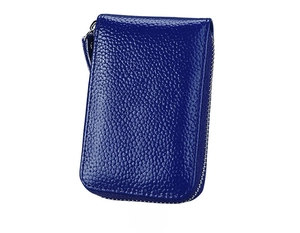 Detail view of the back of a dark blue pebbled leather card holder with silver zipper