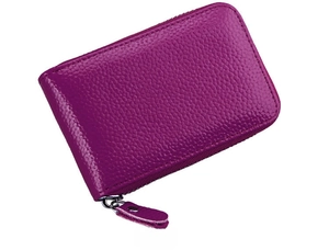 Side view of rose red leather card wallet with lychee grain and silver zipper