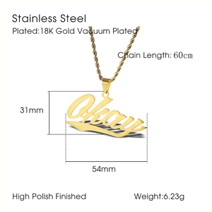 Detail showing dimensions and 18K gold plating specs for the Okay hip hop necklace