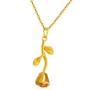 Polished gold 304 stainless steel rose pendant necklace for women on white background