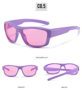 Detailed views of purple Y2K sunglasses with pink lenses from front, back and 45-degree angles