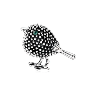 Retro sparrow bird brooch in vintage silver finish with striking green gemstone eye