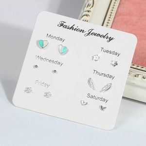6-pair set of silver stud earrings with heart, star, and feather shapes for daily wear