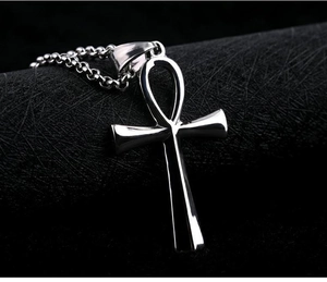 Polished silver Ankh cross pendant with stainless steel bead chain on dark background
