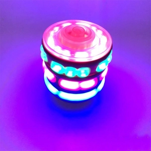 Macro detail of rotating LED toy showing layered colorful lights in a dark setting