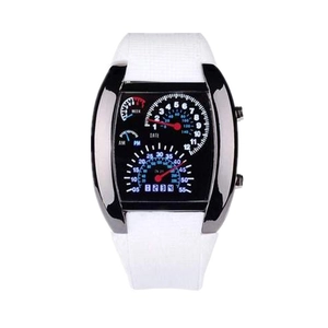 Racing dashboard style LED watch with white silicone strap and creative car speedometer dial