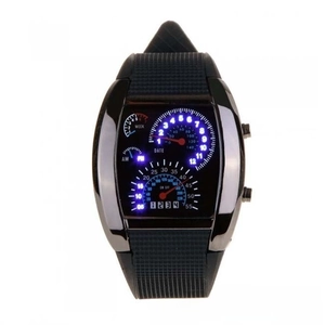 Detail view of the LED dashboard watch face showing time, date and weekly display