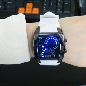 Detail of creative LED sports watch with blue dashboard display and white silicone strap