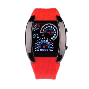 Detail of red silicone strap and creative dashboard LED dial display on a sport watch