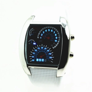 Macro detail of silver racing style LED watch with blue digital dashboard display