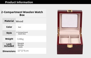 Detail view of red wood watch box featuring gold square lock and 12x11x8cm dimensions