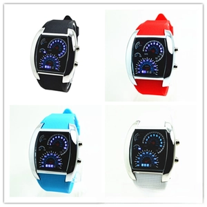 Detailed grid showing LED digital aviation watches with dashboard dials in four colors