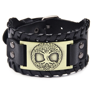 Vintage Men Wide Leather Bracelet Tree Of Life Alloy Charm Punk Retro Viking Style Adjustable Buckle Wristband