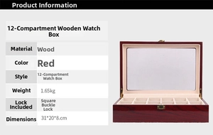 Detailed specs of 12-slot red wooden watch box with window, clasp lock and soft pillows