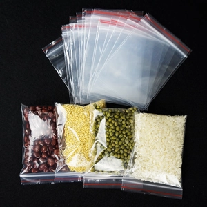 Detailed view of transparent PE resealable bags filled with grains for storage