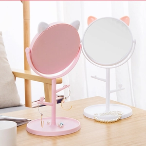 Pink and white cat-ear makeup mirrors with jewelry stand and storage tray base