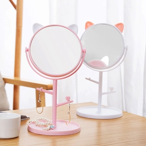 Tabletop cat ear makeup mirrors with jewelry storage base in pink and white