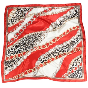90cm satin scarf with red and white chain leopard print, elegant hair accessory