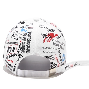 Graffiti baseball cap in white with colorful street style hand-drawn print and long strap