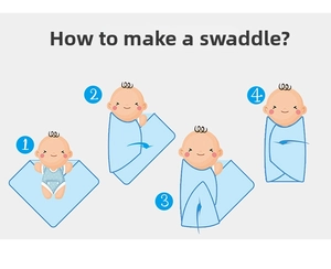 Step-by-step tutorial for wrapping a light blue knitted baby heart hollow-out swaddle blanket