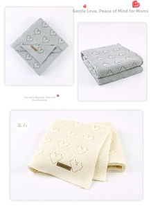 Close-up of heart hollow-out knitted baby blanket with soft cotton texture details