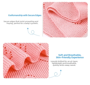 Detail showing the reinforced edges and breathable hollow-out knit structure of pink baby blanket