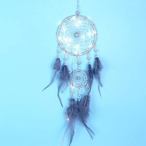 Detail of blue dream catcher featuring double rings, glowing LED lights and soft feathers