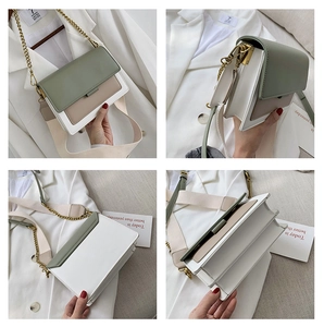 Multi-angle views of tricolor contrast flap bag with chain and woven straps