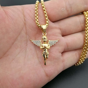 Gold plated cherub angel pendant with crystal wings on box chain for hip hop jewelry