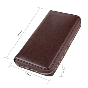 Detailed view of long brown leather wallet showing lychee texture and 200mm dimensions