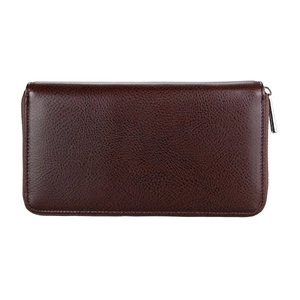 Detail of dark brown leather texture and silver zipper on a long bifold wallet