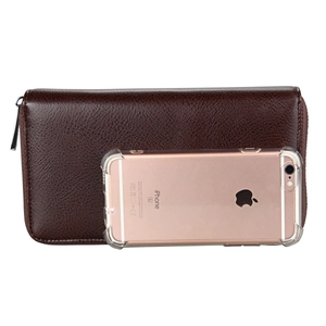 Long leather wallet with RFID protection showing size compared to a mobile phone