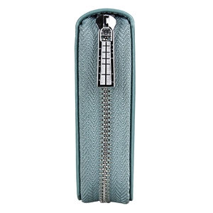 Close-up of the smooth silver metal zipper on the blue leather RFID passport wallet
