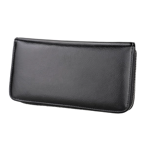 Detail of premium black leather passport wallet with silver zipper and lychee texture