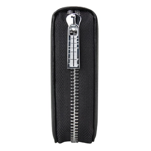 Detailed close-up of the smooth silver zipper and durable black leather texture on wallet