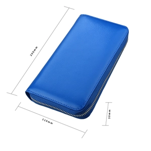 Blue leather passport wallet dimensions 200mm by 110mm by 30mm with RFID protection