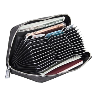 Detailed view of the black leather wallet interior showing multiple card slots and passport compartment