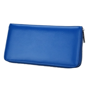 Close-up of royal blue leather long wallet with litchi texture and silver zipper