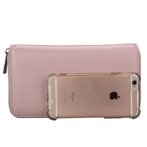 Pink leather accordion wallet with RFID protection shown next to a smartphone for size reference
