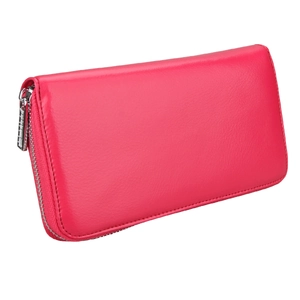 Detail of rose red leather long wallet showing U-shaped silver metal zipper and fine texture