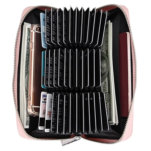 Pink leather accordion wallet showing 30 card slots and compartments for cash and phone