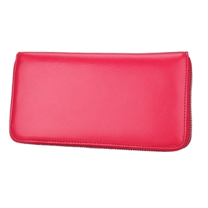 Macro shot of rose pink litchi grain leather wallet with silver metal zipper closure